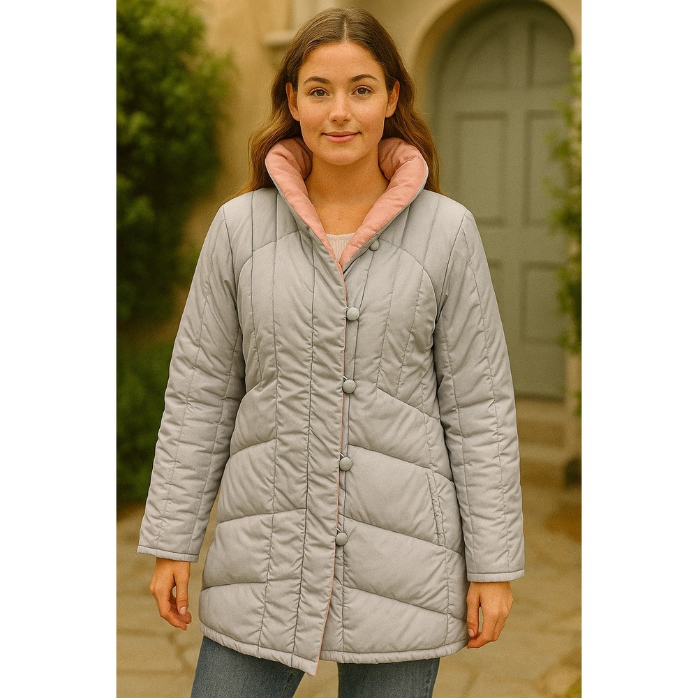 Quilted Puffer Jacket Gray Pink Collar Button Front Women's Warm‎ Winter Coat